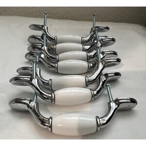 White Ceramic/Silver Metal Cabinet Pull Handles Set Of 7